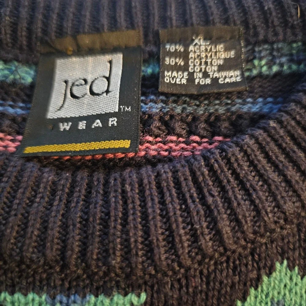 Vintage Jed‎ Wear Men's Geometric Pattern Sweater XL Blue Pink Teal